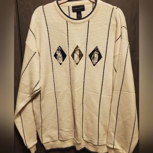 90s Vintage Textured Ivory Sweater  Large Embroidered 100% Cotton Golf Sweater